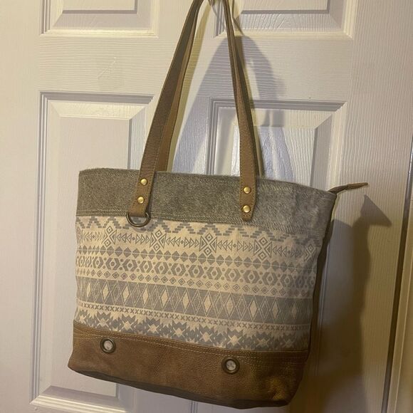 Myra Bag Handbags - Myra Bag cotton & leather gray &beige tan straps and trim large tote.